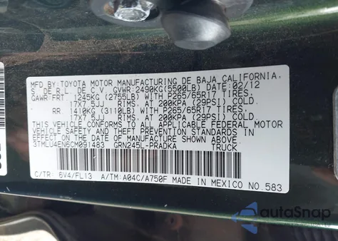 2012 Toyota Tacoma Base V6 from USA, damaged, VIN 3TMLU4EN6CM091483